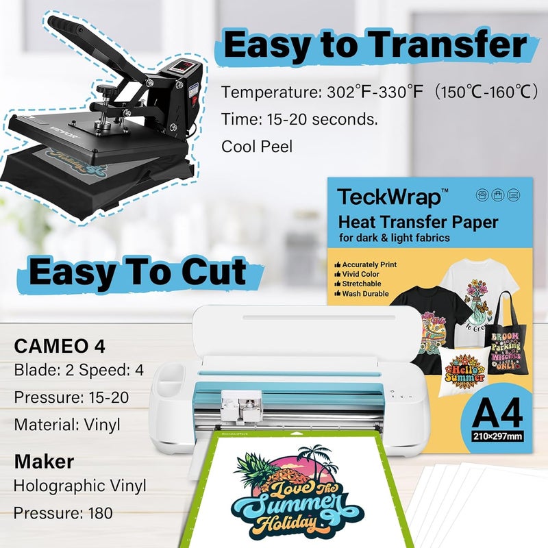 TECKWRAP ورق نقل حراري قابل للطباعة للتي شيرتات 15 ورقة، 8.3" × 11.7" فينيل نقل حراري قابل للطباعة لطابعة نفث الحبر، ورق نقل بالكي للأقمشة الفاتحة والداكنة (أبيض غير لامع) - Image 4
